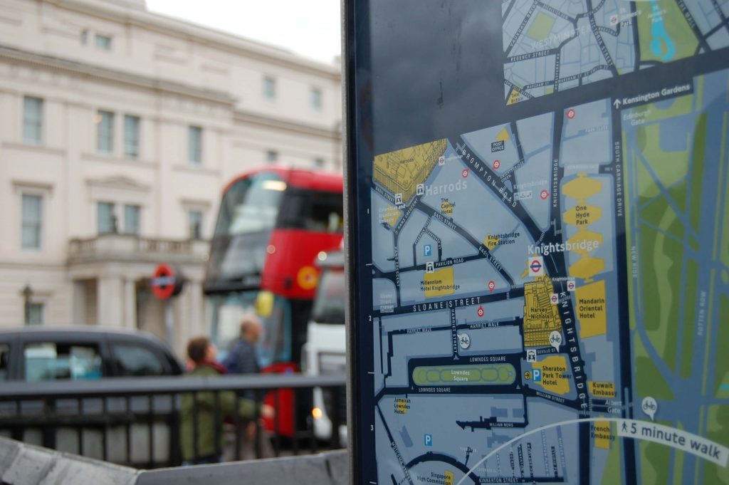 map of city with bus in background