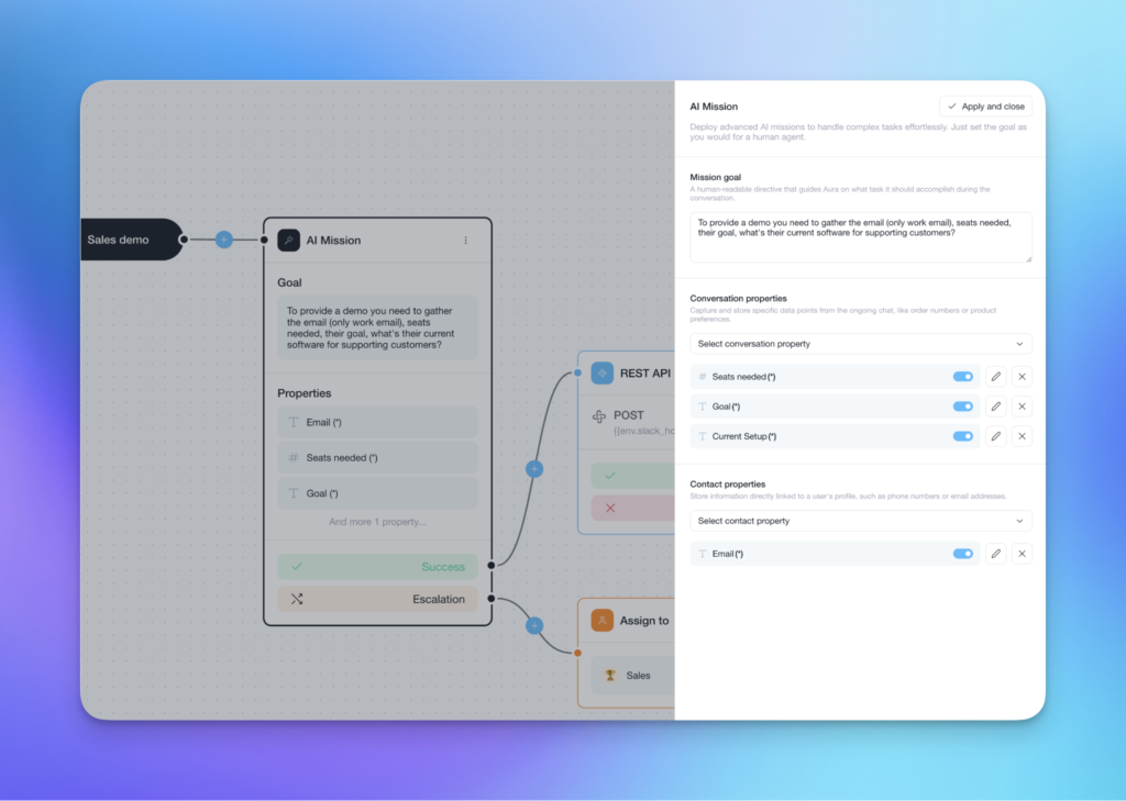 Customerly interface showing how to set up an AI Mission by defining the goal and conversation properties in a Chatflow