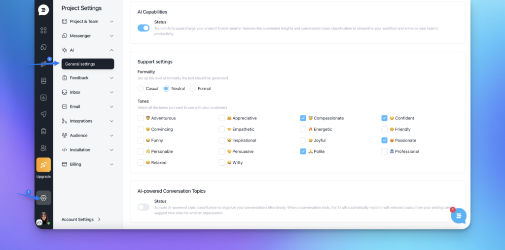 Customerly AI settings dashboard showing how to configure tone, formality, and AI behavior in a project
