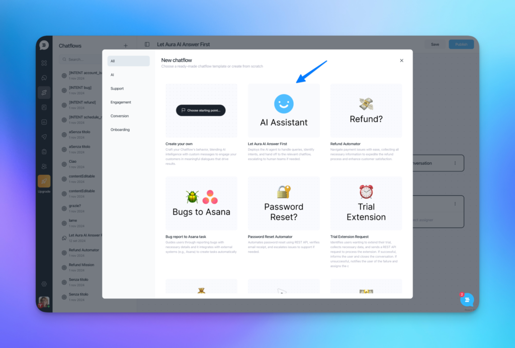 Customerly “Let Aura AI Answer First” Chatflow template
