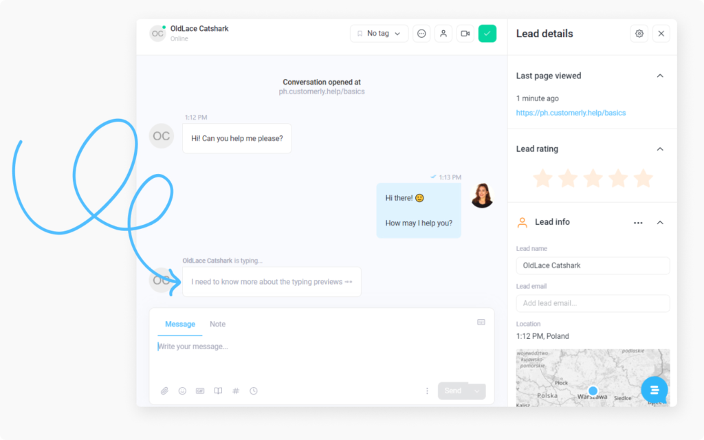 Real-time chat preview—Customerly